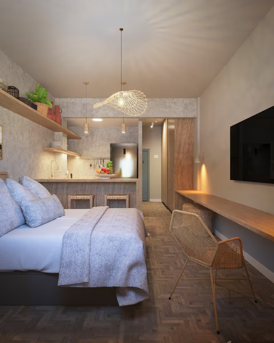 Renderização conceitual do dormitório casal em loft em Copacabana, destacando a cabeceira e a organização do espaço.